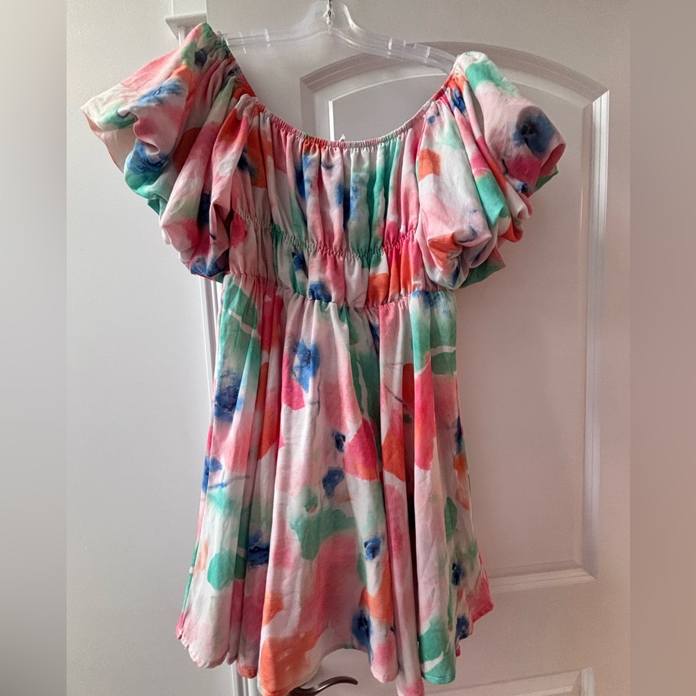 Watercolour Puff Sleeve Mini Dress